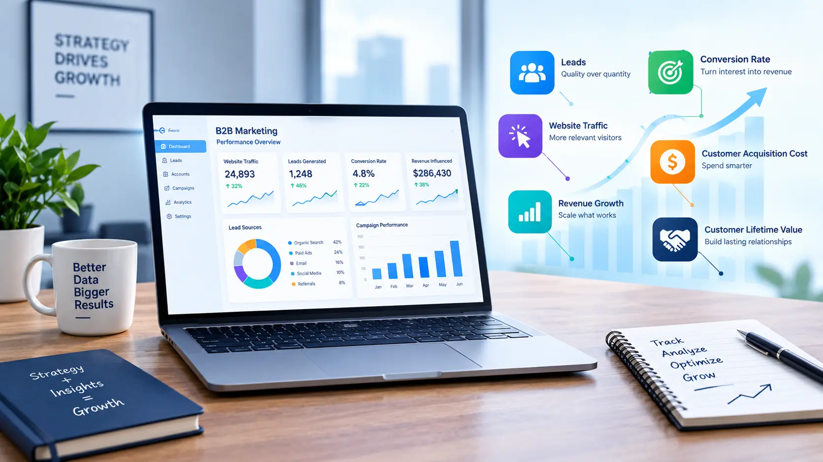 B2B marketing metrics dashboard highlighting CAC, pipeline, and revenue KPIs