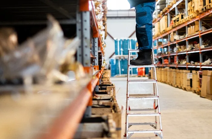 Warehouse worker on a ladder picking inventory from racking
